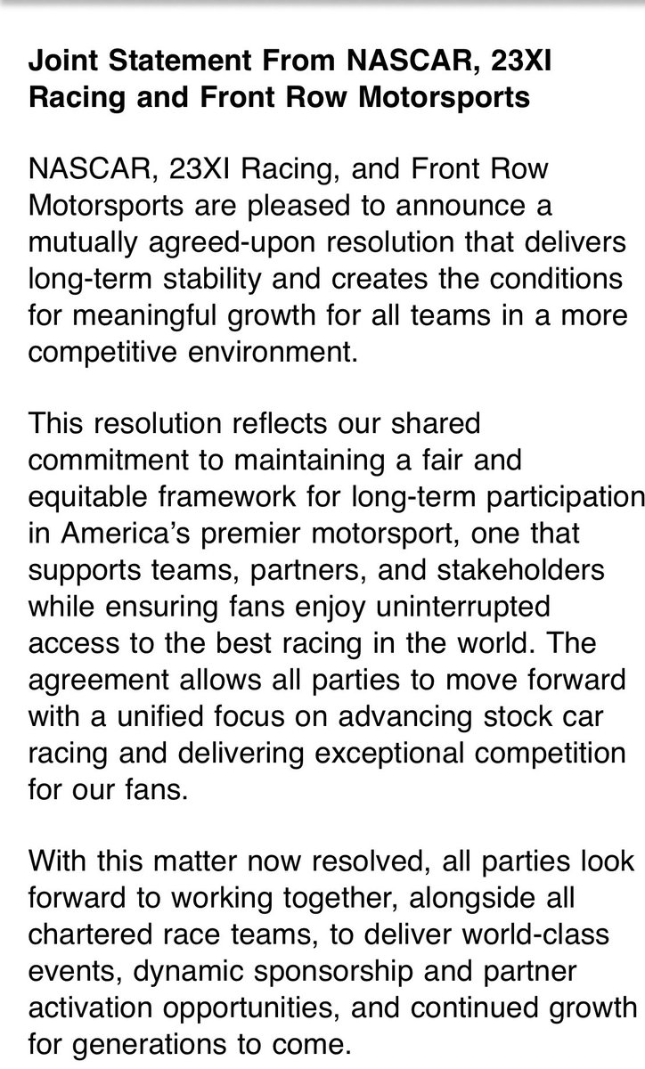 Statement from 23XI, Front Row and NASCAR