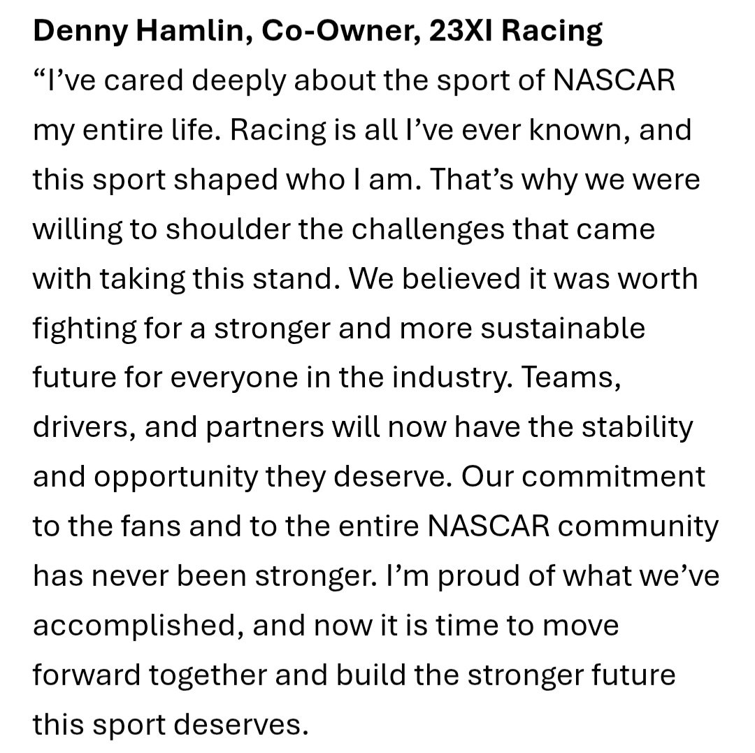 .@DennyHamlin in a statement: "I’m proud of what we’ve accomplished, and now it is time to move forward together and build the stronger future this sport deserves."