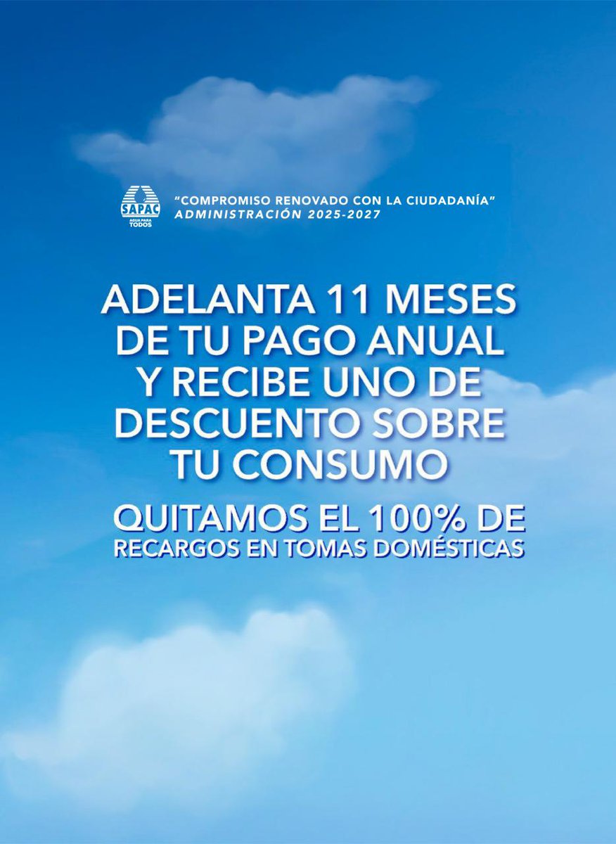 🪁 ¡Ahí está de nuevo!
💦 Llega la campaña 11x12 de SAPAC 

Aprovecha el Pago Anticipado 2026 y el 100% de descuento en recargos.
📅 Del 1 de nov al 31 de dic 
📍Todas nuestras sucursales 
#SAPACAguaParaTodos  #Cuernavaca #11x12