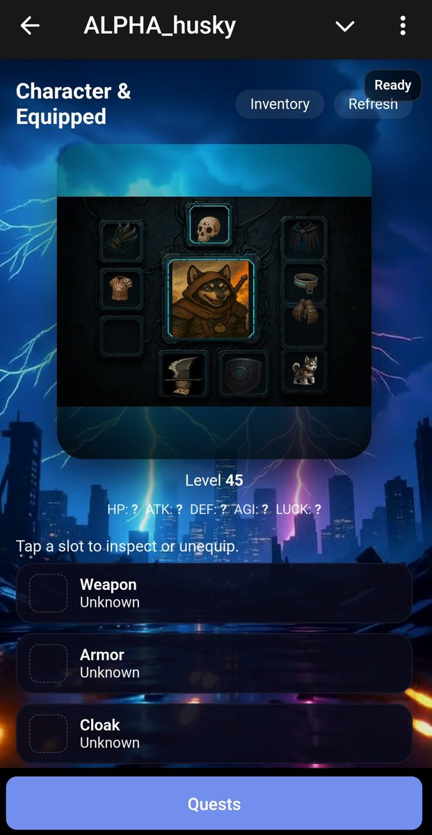 The_Alpha_Husky's tweet photo. Good afternoon Pack ☕🐺

#HOWLitsmade : 
the Character & Equipped panel is now live in the Alpha Husky WebApp.
You can finally see your husky with gear overlaid, just like in-game – Inventory & Refresh already wired.

Next steps: hook in real stats (HP/ATK/DEF/AGI/LUCK/INT) and make every slot tappable for inspect / unequip.
Brick by brick, the Den UI is coming together. 🧱✨

#HowlItsMade #AlphaHusky #JoinThePack
