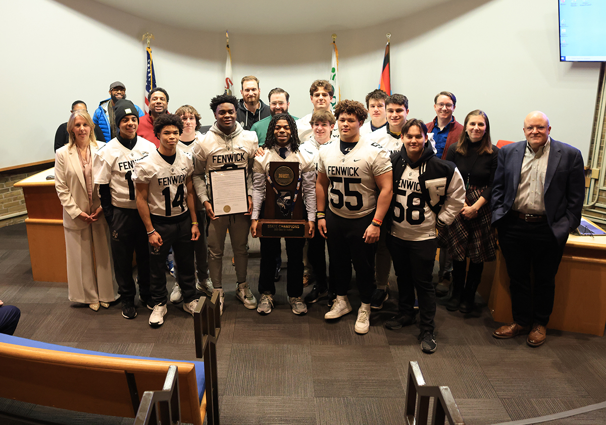 fenwickfriars's tweet photo. The Oak Park Village Board and Clerk's Office presented an official proclamation honoring the Fenwick football team's IHSA Class 6A State Championship and historic season! @vopnews @fenwickad @fenwickfb #FenwickFriars https://t.co/plyxTf6akI