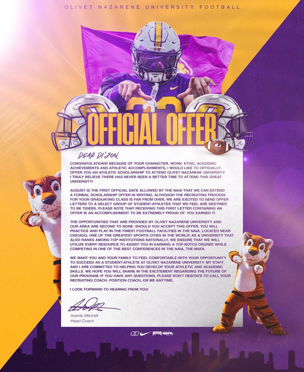 DiJonWilson2026's tweet photo. When God has a different plan for you, you trust the process, with all Faith.
Thank you Coach @T_Wilson11 for extending an offer and opportunity to the Olivet Nazarene University 🟡🟣🐅
@JermainCrowell @CoachJoshAl10 @PatrickSharpeFB @Coach_DGilbert 
#OrderMySteps https://t.co/jSfITUhERZ