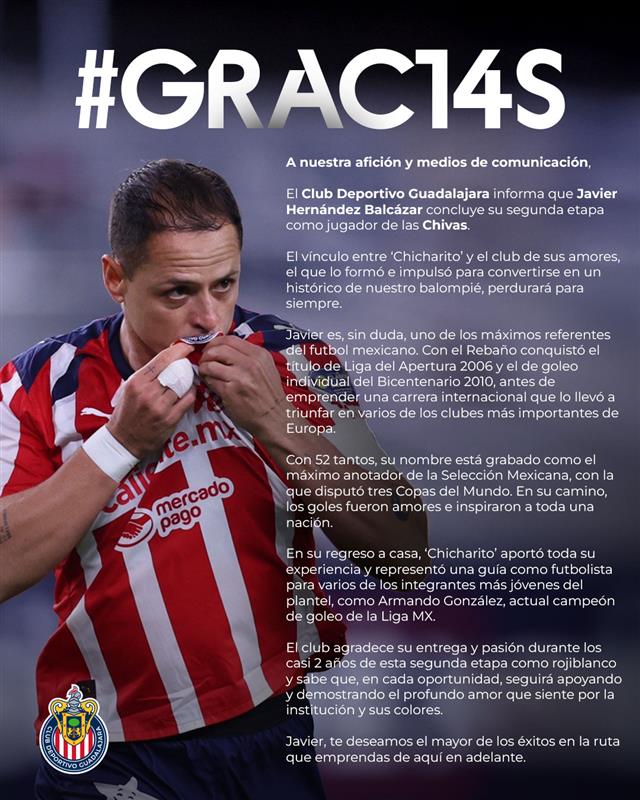 ¡#GRAC14S POR SIEMPRE PORTAR CON ORGULLO LA ROJIBLANCA, <a href="/CH14_/">Javier “Chicharito” Hernandez</a>!