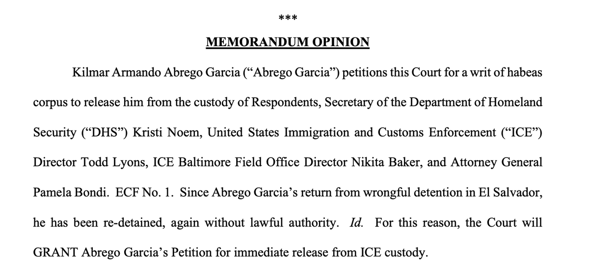 OccupyDemocrats's tweet photo. BREAKING: HUGE WIN FOR JUSTICE!

A brave federal judge just SLAMMED the Trump administration's cruel immigration machine and ordered the IMMEDIATE RELEASE of Kilmar Abrego Garcia from ICE custody!

This hardworking father...married to a U.S. citizen with American kids -- was wrongfully deported earlier this year in a shocking "administrative error," thrown into El Salvador's brutal mega-prison despite court protection from torture.

The Supreme Court forced Trump officials to bring him back... only for them to slap vindictive charges on him and lock him up AGAIN, plotting to ship him off to random countries like Uganda or Liberia!

But today, Judge Paula Xinis said ENOUGH! No lawful reason to detain him. His re-detention was illegal... pure retaliation from a vengeful administration.

This is what happens when judges stand up to Trump's mass deportation nightmare! 

#Resist #ImmigrantRights #JusticeForKilmar #StopTheDeportations