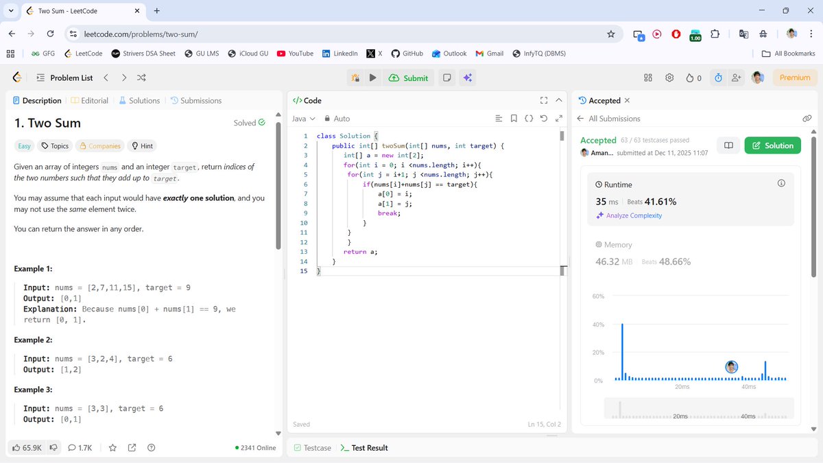 beingbashar06's tweet image. #Day01 of #100DaysOfCodeChallenge

Solved Two Sum + Nim Game today. 
•Two Sum → brute force, check all pairs.
• Nim Game → if n % 4 == 0, you lose.
Not chasing speed—just discipline &amp;amp; consistency.
Day 1 done. 99 to go. 🚀 #DSA #LeetCode #CodingJourney #Day1 #100DaysOfCode
