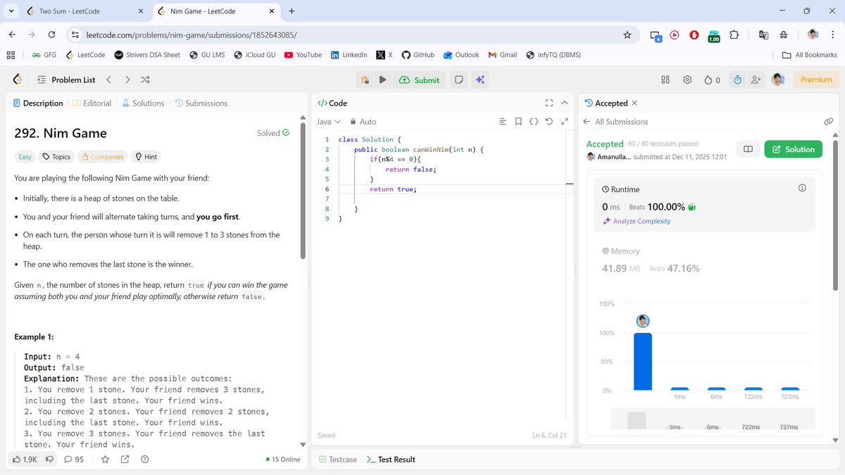 beingbashar06's tweet image. #Day01 of #100DaysOfCodeChallenge

Solved Two Sum + Nim Game today. 
•Two Sum → brute force, check all pairs.
• Nim Game → if n % 4 == 0, you lose.
Not chasing speed—just discipline &amp;amp; consistency.
Day 1 done. 99 to go. 🚀 #DSA #LeetCode #CodingJourney #Day1 #100DaysOfCode