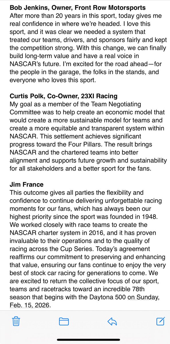 Statement from teams and NASCAR