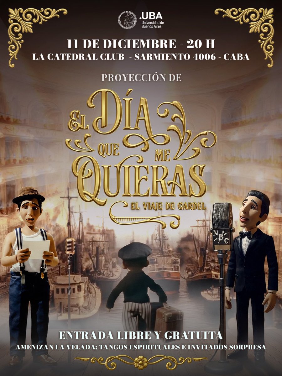 Hoy proyectamos en La Catedral del Tango, “El día que me quieras, el viaje de Gardel”.  

El corto animado más polémico del año. Para todos los que me preguntaron, hoy tienen la oportunidad de verlo. 

De paso, brindamos por el cumple de Carlitos.