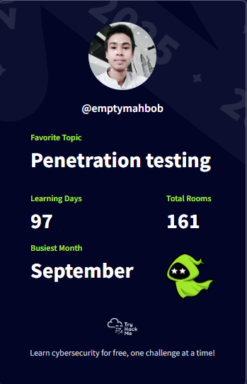 EmptyMahbob's tweet photo. Share your entire year of hacking wins https://t.co/UjpVfpW8S5 #tryhackme via @tryhackme https://t.co/kT85b67QHc