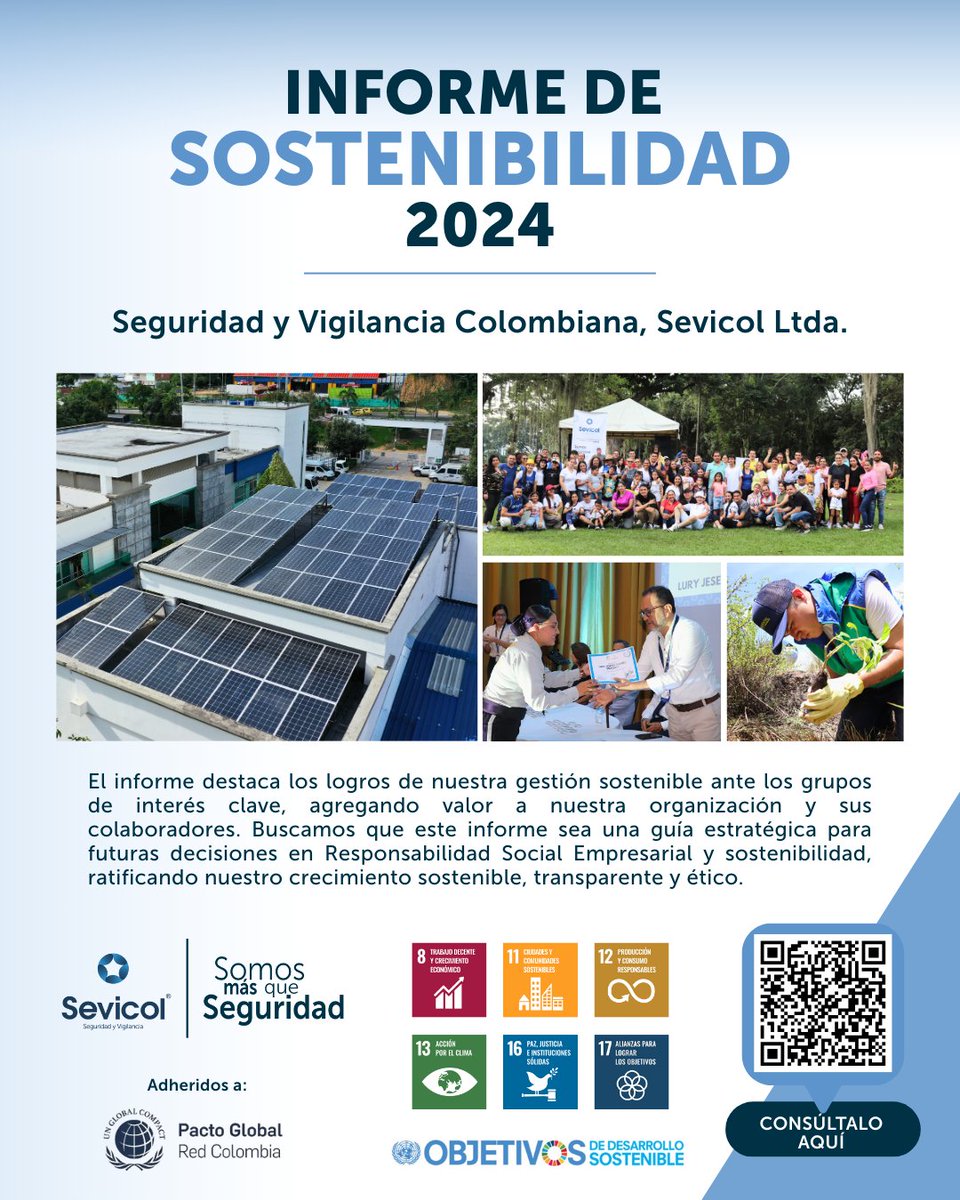 Ya puedes consultar nuestro Informe de Sostenibilidad 2024 🌱📘, donde encontrarás los avances y acciones que fortalecen nuestro compromiso con las personas 🤝, las comunidades y el planeta 🌍. 
#Sevicol #SomosMásQueSeguridad #Sostenibilidad #ResponsabilidadSocial #ODS