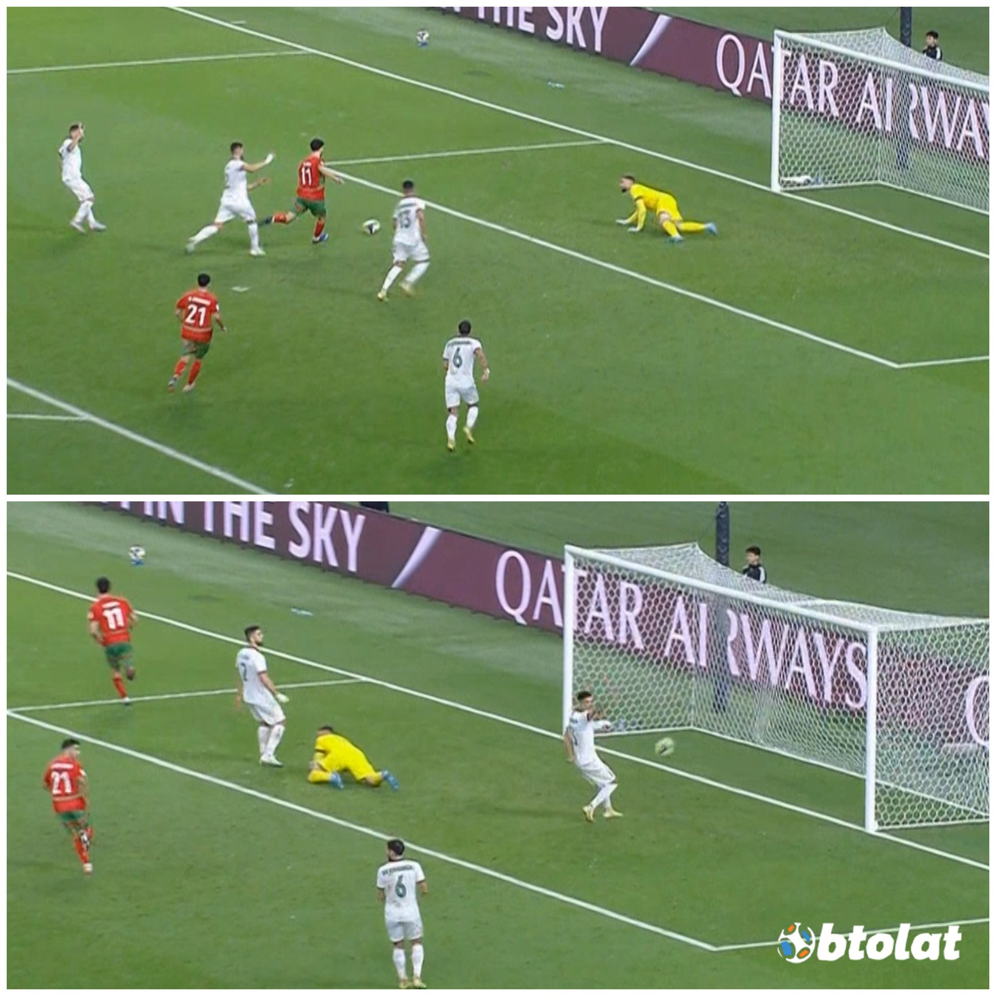 الأسد وليد أزارو يفتتح أول أهداف المباراة ويسجل الهدف الأول لمنتخب المغرب في شباك سوريا بعد متابعته للكرة في الدقيقة 79 