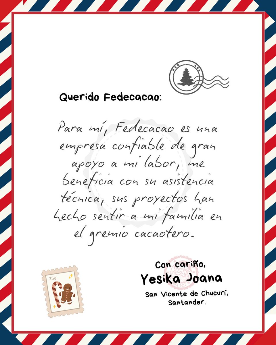 ¡Llegó el Correo Cacaotero de Yesica!💌En esta Navidad agradecemos el cariño de nuestros productores, quienes se tomaron el tiempo para enviarnos sus mensajes. Compartimos con alegría las cartas que nos hacen llegar, expresiones que reflejan su confianza en el gremio. ¡Gracias!🎅🏼