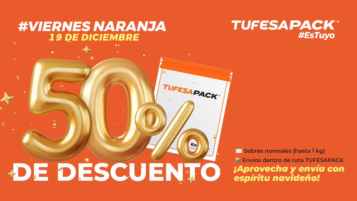 🎄✨ ¡El último #ViernesNaranja del 2025 ya está aquí!
Solo este 19 de diciembre del 2025 disfruta 50% de descuento en sobres normales (hasta 1 kg) dentro de ruta TUFESAPACK. 🎁
✉️ Ocurre→Ocurre
💳 Pago en mostrador
🏠 Disponible con servicio a domicilio (costo extra)
¡Navidad