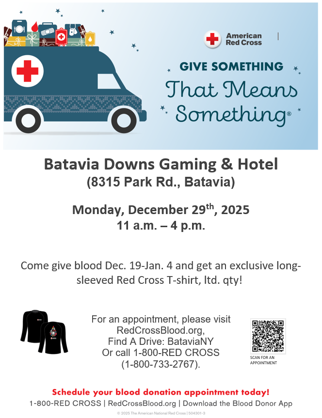 BataviaDowns's tweet image. Give something that means everything! Participate in the American Red Cross #BloodDrive inside Park Place on Monday, December 29th! 🩸 You will receive an exclusive long-sleeved Red Cross t-shirt!

Sign up here: rcblood.org/43JiGuP or call 1-800-REDCROSS