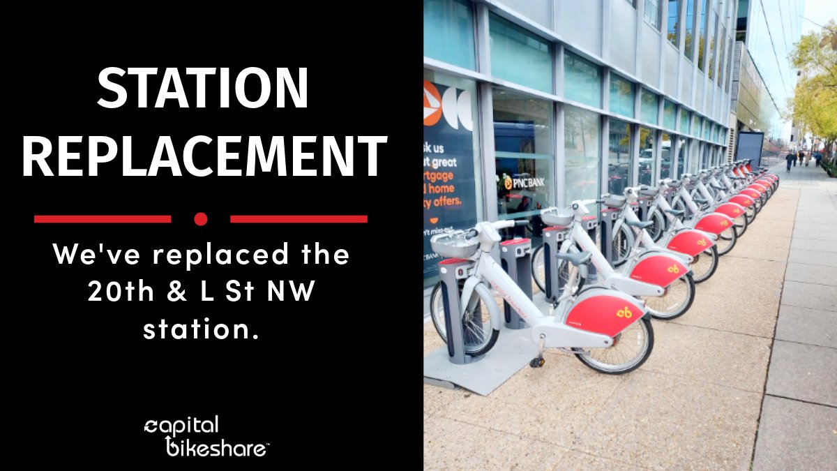 🚨 STATION ALERT! 🚨 

The 20th &amp; L St NW station got a major upgrade: an expanded 24-dock Pillar station! It's now easier to park bikes &amp; ebikes at this popular spot, which has seen over 258,000 trips since 2012! 🚲❤️