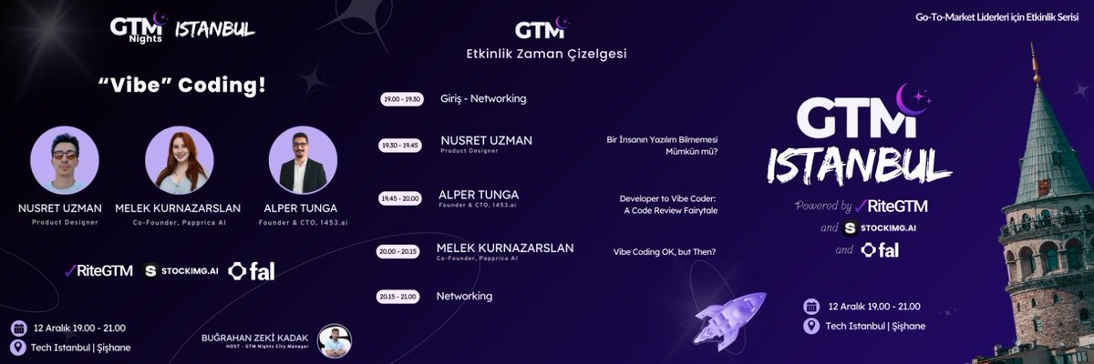 Arkadaşlar, yarın akşam gerçekleşecek GTM Nights Istanbul 7: Vibe Coding etkinliğine hepiniz davetlisiniz! 😊

<a href="/fal/">fal</a> ve <a href="/WiroAI/">Wiro</a> tüm katılımcılara $40 değerinde kredi hediye ediyor. 🎁

Vibe Coding'den AI Influencerlara kadar geniş bir yelpazede sohbet etme, tanışma ve networking