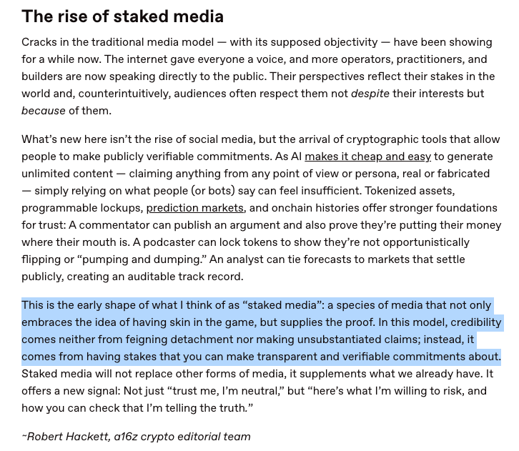저는 올해 @a16zcrypto의 주요 아이디어 목록에 '스테이킹된 미디어'라는 개념을 주제로 글을 썼습니다.