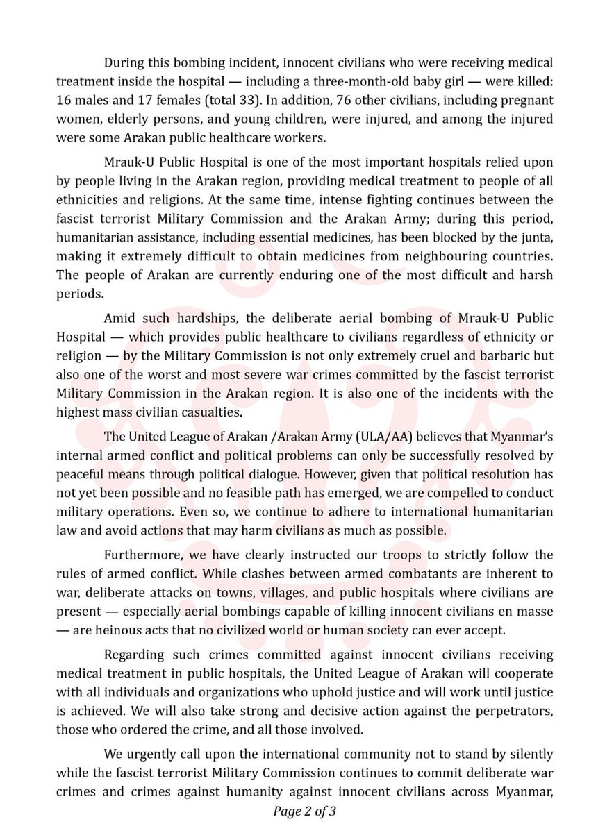 OdenHack's tweet photo. Statement of Objection and Condemnation Regarding the Deliberate &amp; Intentional Aerial Attack by the Fascist Terrorist Military Commission on #MraukU Tsp. Public Hospital on Dec 10, 2025
#InternationalHumanRightsDay
@UNHumanRights @hrw @ICRC 
#JuntaBrutality #Airstrike #Civilians https://t.co/YRhZe37Rx1