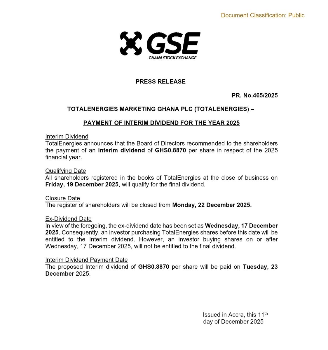 peagama's tweet image. Interim #Dividend for TOTAL hits GHS 0.8870. #GSE #StockMarket