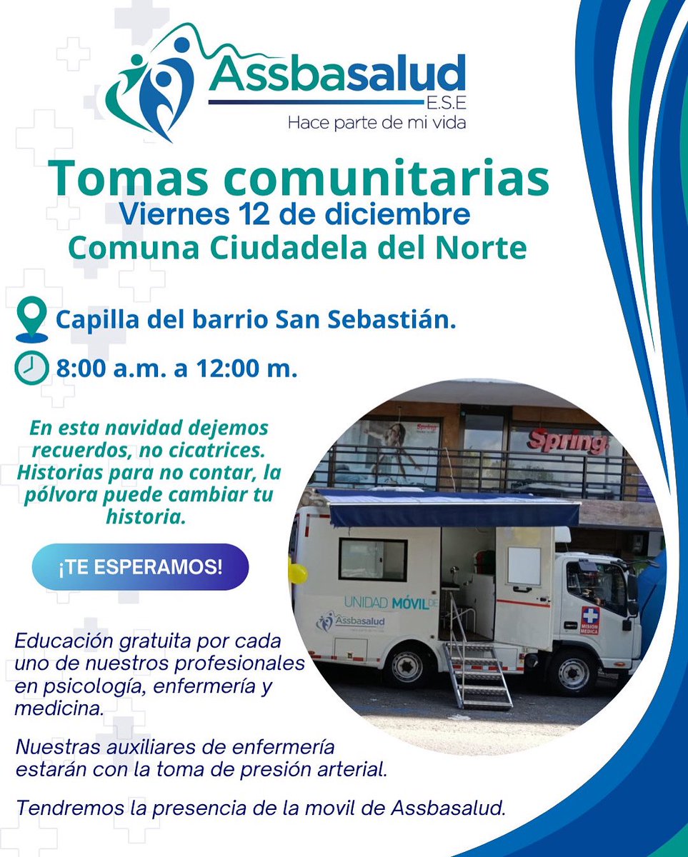 El 12 de diciembre estaremos en la Comuna Ciudadela del Norte.

Acompáñanos en la capilla del barrio San Sebastián de 8:00 a.m. a 12:00 m.

¡Cuidar tu salud también es un regalo en esta Navidad! 🎄💙

Assbasalud ESE, una entidad al servicio de la comunidad.