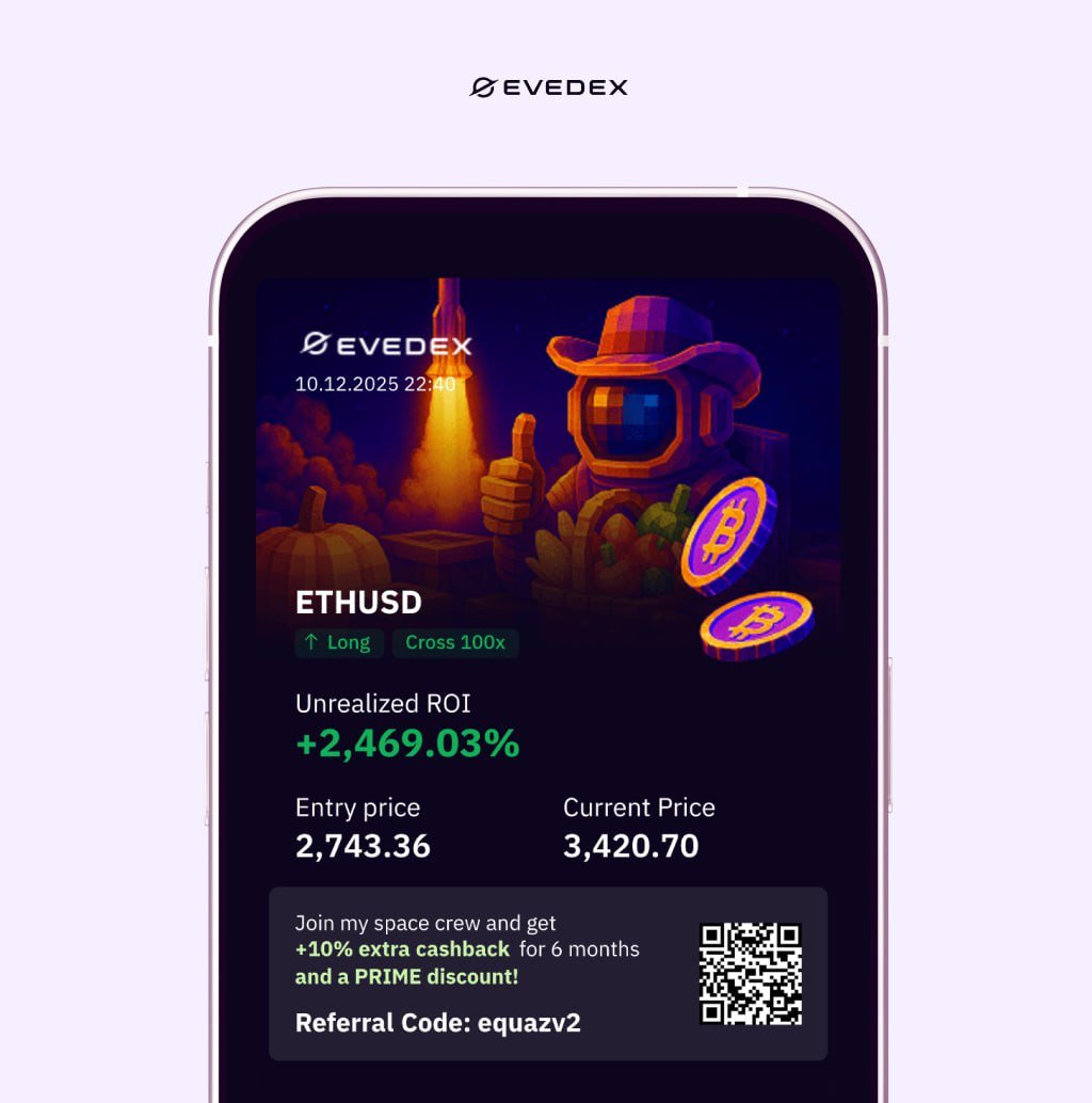 Trade without endless signatures or wallet pop-ups and earn up to 35% $USDT cashback on $ETH and other assets.

This screenshot? One of the best trades of the week.

Zero-gravity experience 🌌 exchange.evedex.com