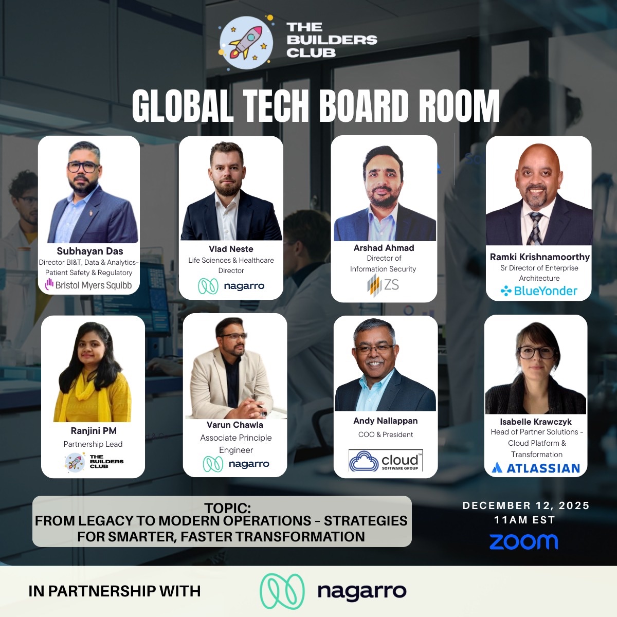 🚀 Today’s the day!

The Global Tech Boardroom goes live in a few hours.
Leaders from BMS, Nagarro, ZS, Blue Yonder, Atlassian &amp; CSG break down Cloud, AI, Data &amp; Security.

🗓 12 Dec | 11 AM EST
🔗 luma.com/t1z3ucrc
Last chance to join.