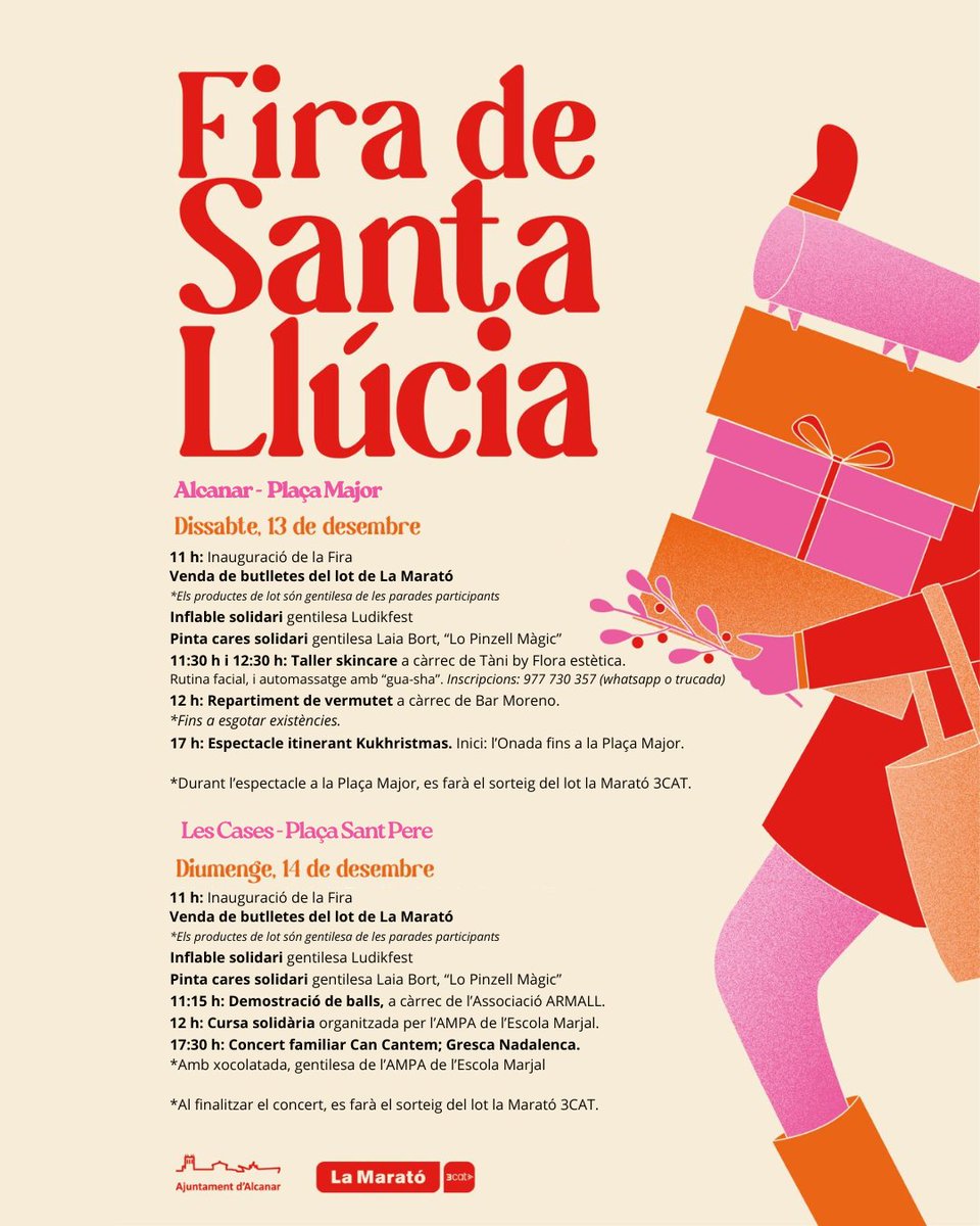 🎄🛍️ La Fira de Santa Llúcia us espera!

🔜 El pròxim cap de setmana, una trentena de parades ompliran la Plaça Major d'Alcanar (dissabte) i la Plaça Sant Pere de les Cases d'Alcanar (diumenge).

ℹ️ Tota la informació: alcanar.cat/noticies/la-fi…