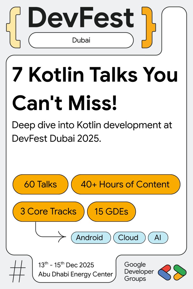 GDGDubai's tweet image. Kotlin Developers, assemble! 💜

We have 7 talks dedicated to the language you love. Deep dive into KMP, native features, and modern syntax at DevFest Dubai.

RSVP Now: gdg.community.dev/events/details…

#DevFestDubai #Kotlin #KMP