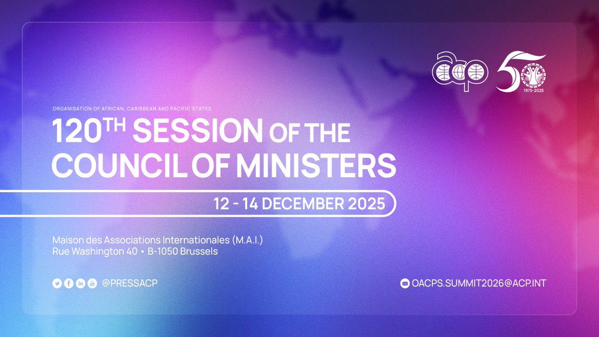 PressACP's tweet image. The OACPS will hold its 120th Session of the Council of Ministers from 12 to 14 December 2025 in Brussels.

Presided by Hon. Peter Shanel Agovaka, Minister of Foreign Affairs and External Trade of Solomon Islands, this statutory meeting, convening the OACPS ministerial leadership…