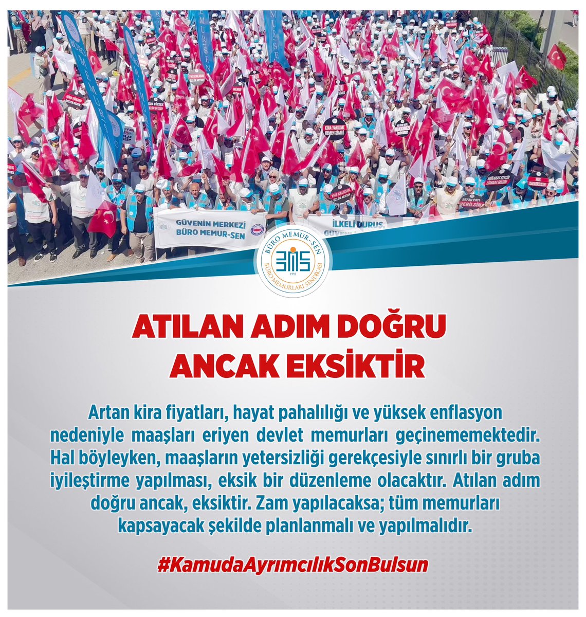 ATILAN ADIM DOĞRU, ANCAK EKSİKTİR
Artan kira fiyatları, hayat pahalılığı ve yüksek enflasyon nedeniyle maaşları eriyen devlet memurları geçinememektedir. sınırlı bir gruba iyileştirme yapılması, eksik bir düzenleme olacaktır.
#KamudaAyrımcılıkSonBulsun