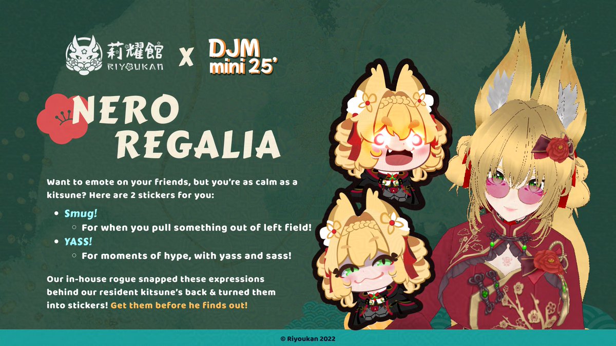🌸 Konyanya! Meet Nero Regalia, our Kitsune non-pilot!

Our rogue stole his face and made stickers!

Add it to your list!
#doujimasg #riyoukan #artistalley