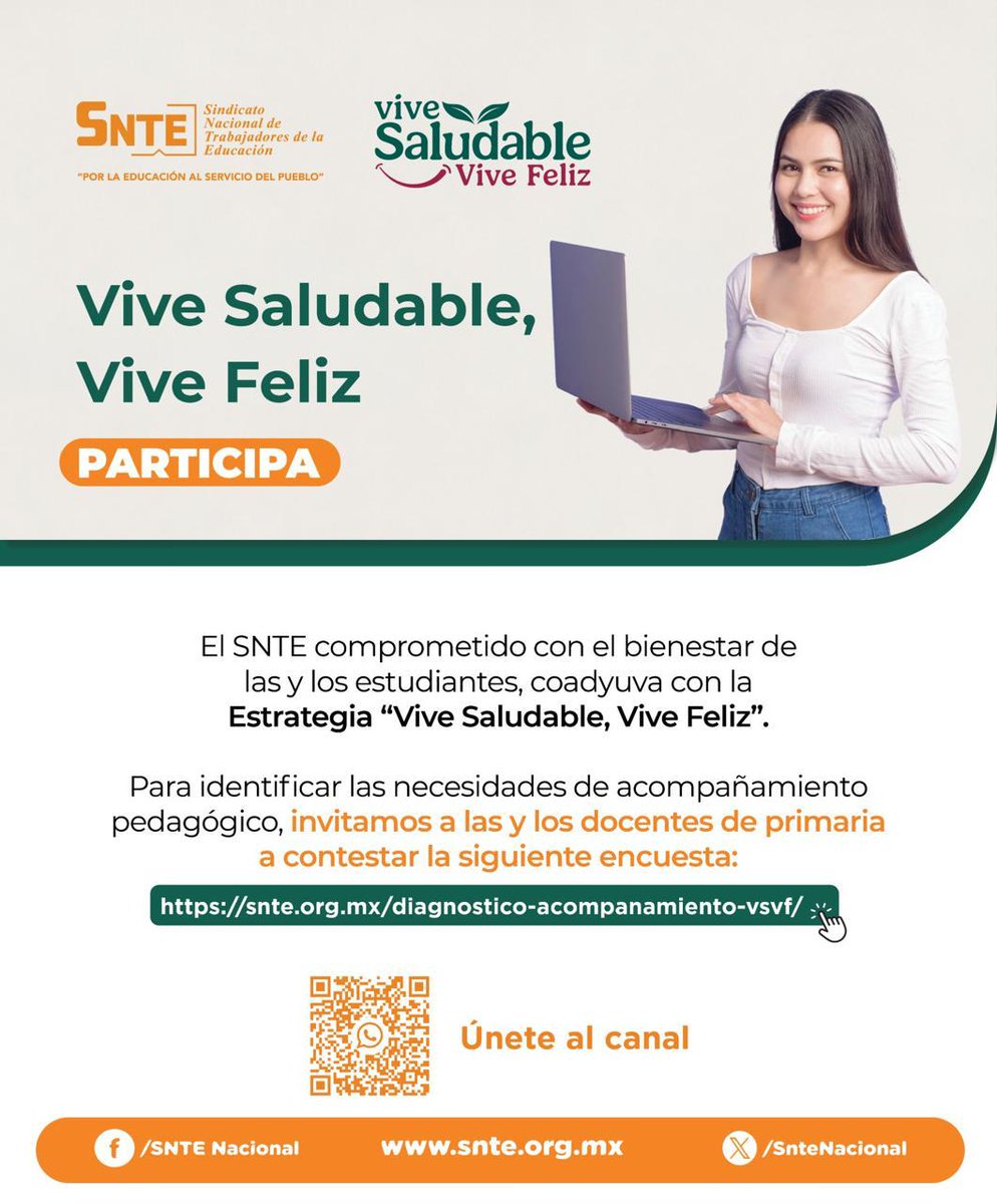 👩🏻‍🏫👨🏻‍🏫 ¡Tu participación es importante! Hoy es el último día para que contestes la encuesta del #SNTE📝 Juntos identifiquemos las necesidades de acompañamiento pedagógico, como parte de la estrategia "Vive Saludable, Vive Feliz".✨
Entra al enlace:
👉 snte.org.mx/diagnostico-ac…