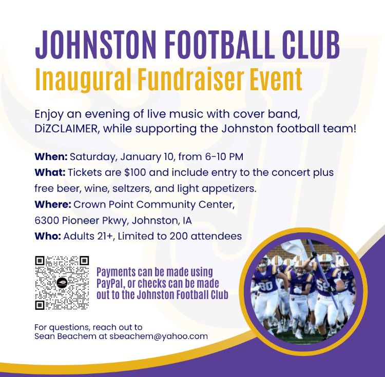JHSFball's tweet image. We are just UNDER a month away!  Get your tickets now and secure your spot for a special night benefiting Johnston Football!!  With your help we can improve our equipment, technology, training, etc!