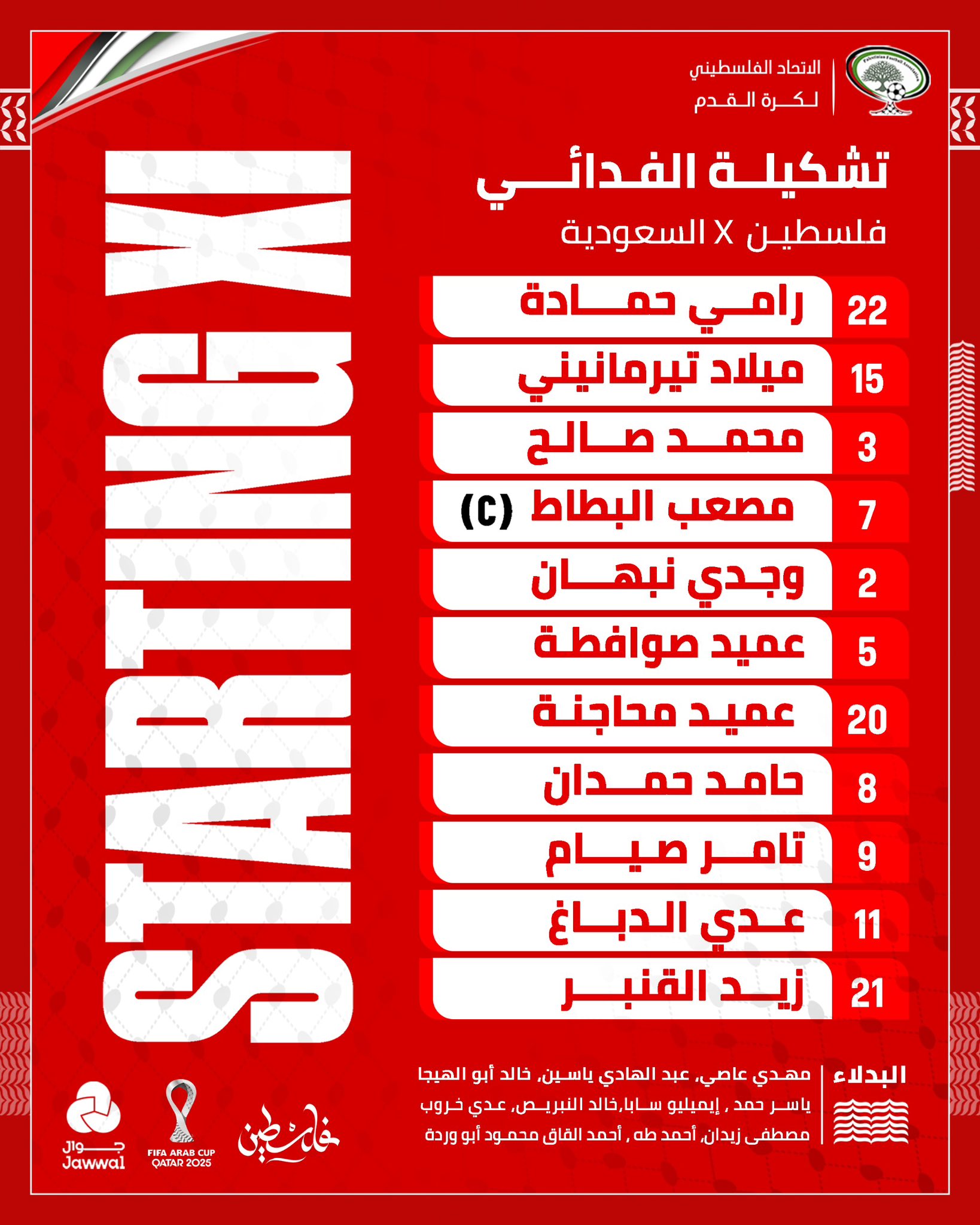 ؟التشكيلة الرسمية للفدائي في مواجهة الأخضر السعودي ضمن ربع نهائي كأس العرب 2025. (إكس) 