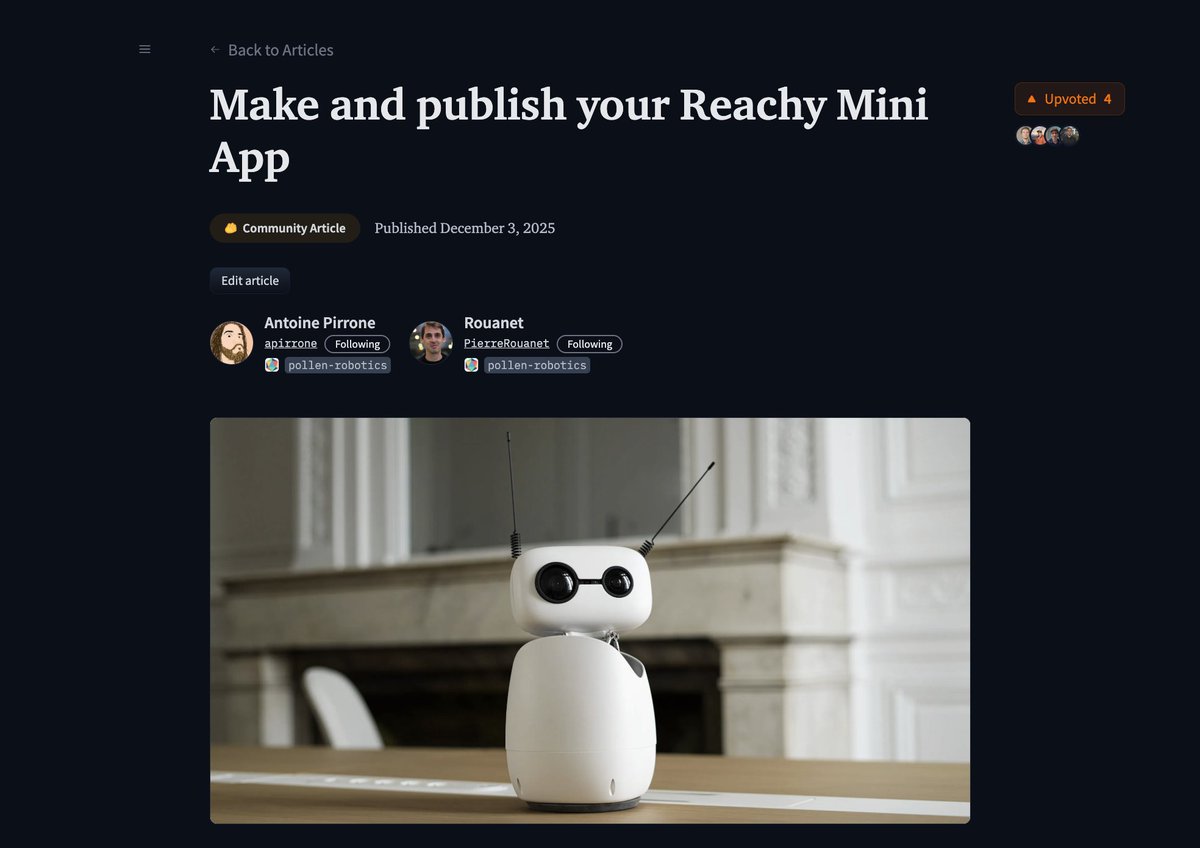 即使你还没有Reachy Mini(但很快就会有了!),现在你也可以借助我们的SDK、API和模拟功能创建应用,并与社区分享。如果你在接下来的几天里创建一些简单的应用,我会在我的Reachy Mini上测试它们,并录制视频分享给大家(而且由