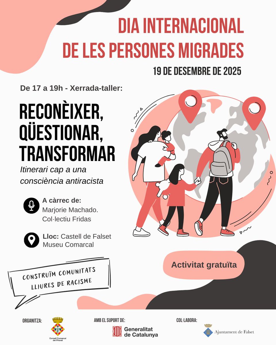 CCPriorat's tweet image. 📢 Dia Internacional de les Persones Migrades
🎤 Xerrada/Taller: “Reconèixer, qüestionar, transformar”

🗓 19 de desembre – 17h - Castell de Falset Museu Comarcal 

💡 Un taller per reflexionar, qüestionar i transformar la nostra mirada.

Us hi esperem!!!!