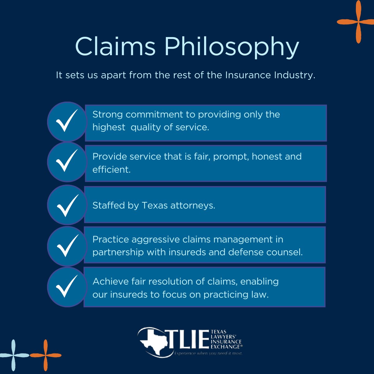 TLIE_'s tweet image. Our Claims Philosophy sets us apart from the rest of the #legalmalpractice insurance industry.

We provide our insureds with the most experienced defense counsel available and, since we have been protecting #TexasLawyers for over 45 years, we have an unparalleled advantage in