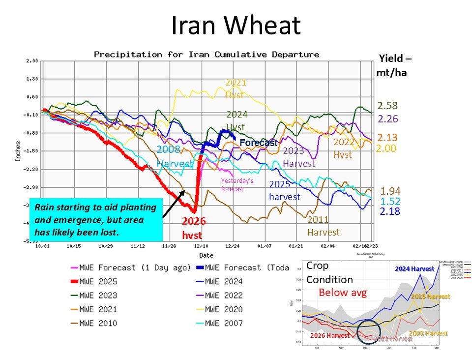 Iran - Widespread rains this week have restored topsoil moisture to allow for recovery from fall drought. It may be too late to plant all of the intended area but yield potential for wheat is recovering. #Iran #wheat #weather #weatherforecast #commodity