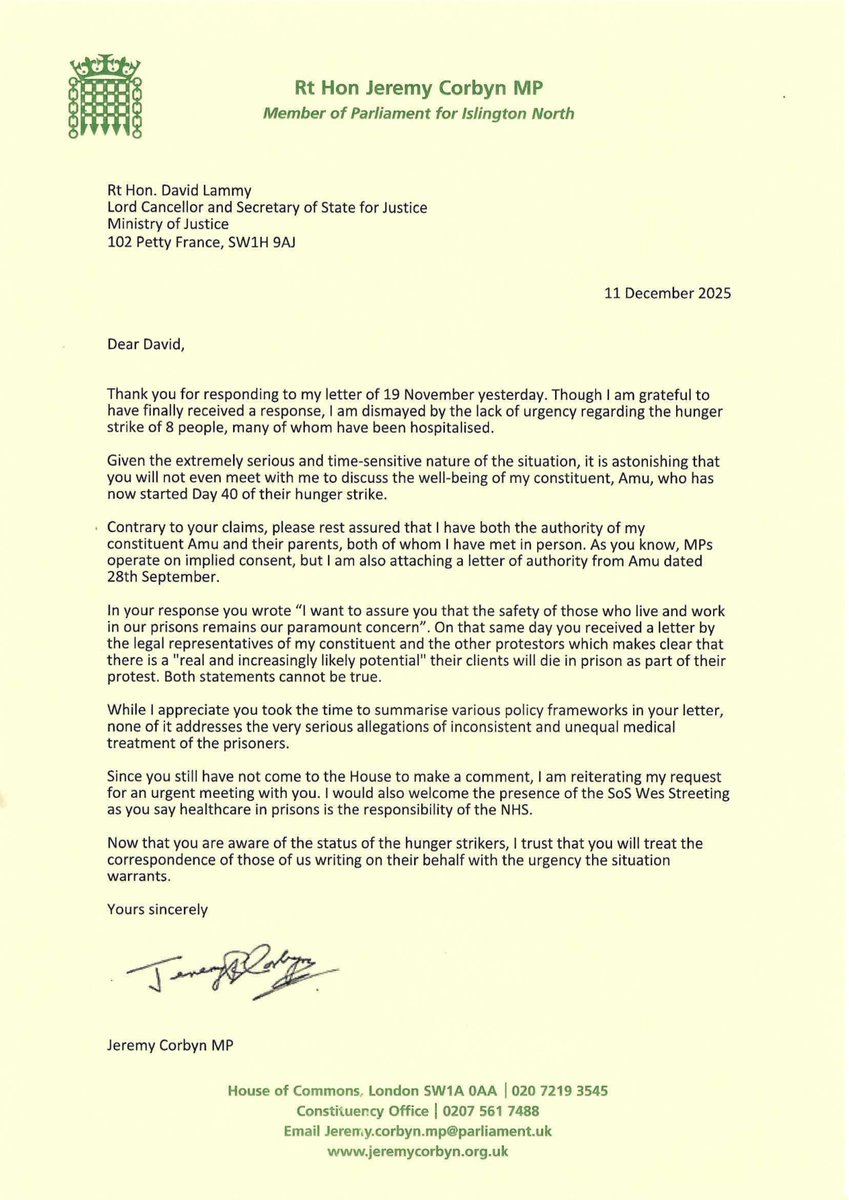 The Justice Secretary is refusing to meet me to discuss the well-being of my constituent, Amu, who is 40 days into their hunger strike. 

I have written to express my dismay over the government's lack of urgency, care and humanity toward people at risk of death.