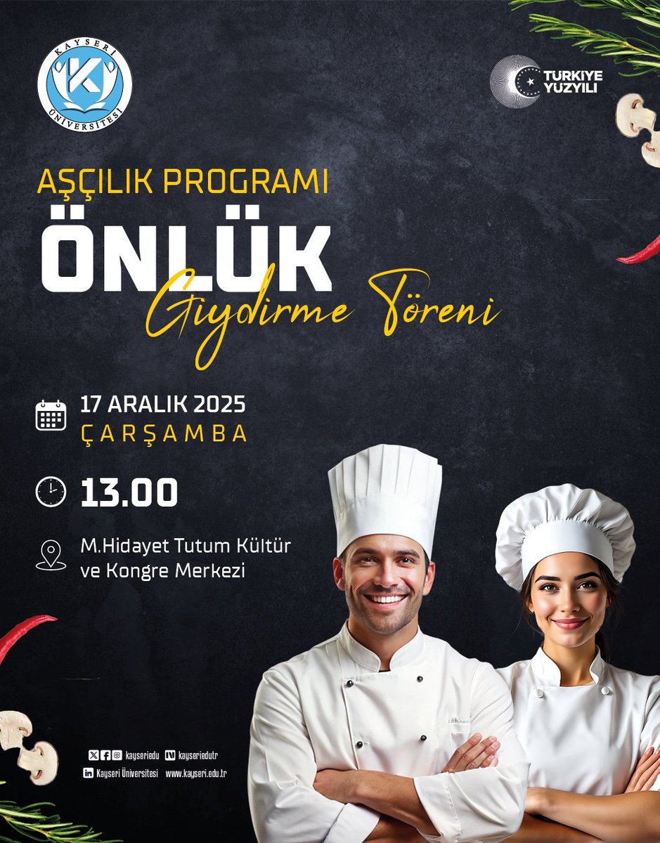 Develi Hüseyin Şahin MYO Aşçılık Programı öğrencilerimizin Önlük Giydirme Töreni 17 Aralık Çarşamba günü saat 13.00’te Seyrani Kampüsü M. Hidayet Tutum Kültür ve Kongre Merkezi’nde gerçekleştirilecektir.
Tüm akademik personelimiz ve öğrencilerimiz davetlidir. <a href="/ProfKaramustafa/">Prof. Dr. Kurtulus Karamustafa 🇹🇷</a>