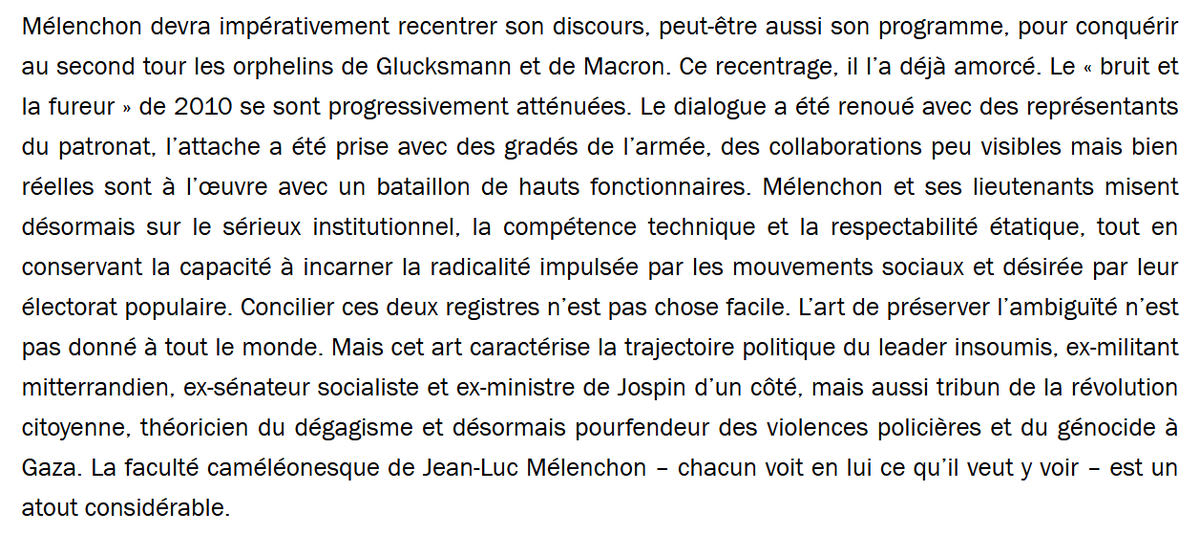 Si l’article partage une partie de nos constats, sa conclusion appelant à un “recentrage du programme” montre une incompréhension totale de la situation politique actuelle. Un recentrage serait une erreur stratégique majeure pour la France insoumise. 🧵⬇️