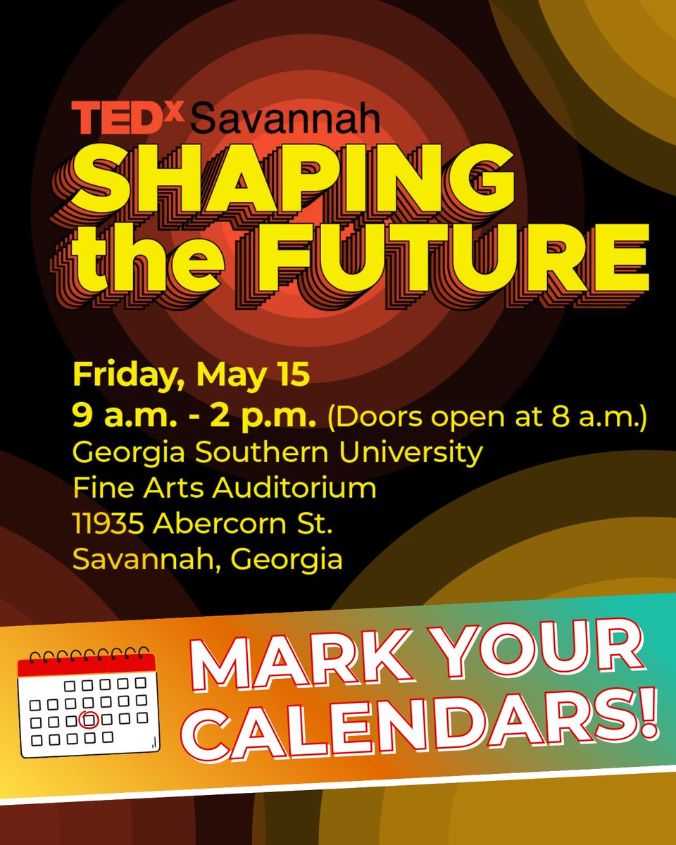 📆Mark your calendars!

TEDxSavannah returns on Friday, May 15, 2026, bringing a full day of ideas, inspiration, and conversations around our theme: Shaping the Future.

🔗 Learn more about the event here >> tedxsavannah.com/event-details/
🎟️ Purchase Tickets >> eventbrite.com/e/tedxsavannah…