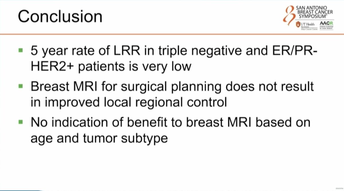 MVanMeterMD's tweet photo. A011104: Breast MRI does not improve locoregional recurrence rates in prospective RCT. No differences by age or tumor subtype. Also no difference in distant recurrence or overall survival.

Isabelle Bedrosian of @MDAndersonNews
#SABCS25 @ALLIANCE_org https://t.co/tRJr47mEoL