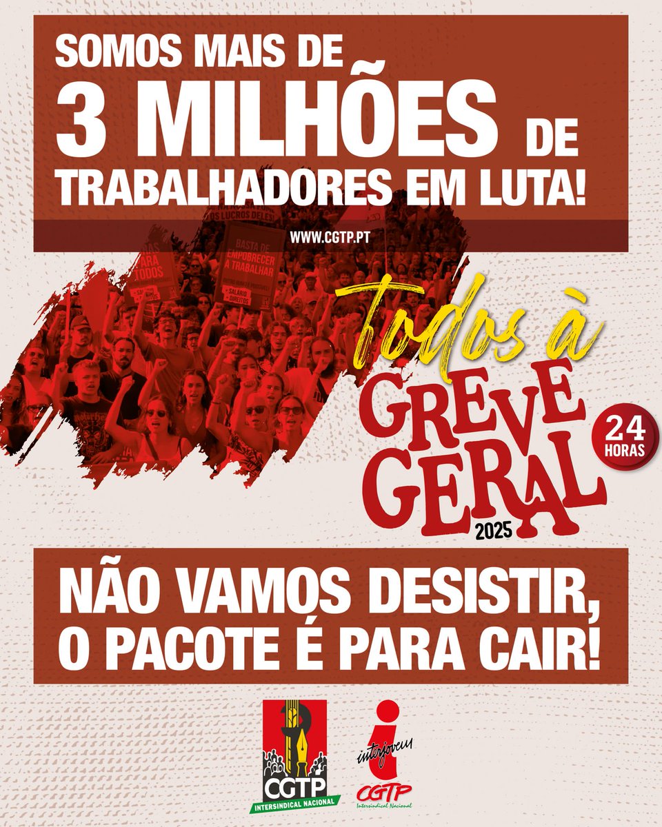 📢 Viva a Greve Geral!

A força da juventude trabalhadora não para. Mais de 3 milhões de trabalhadores em Portugal aderiram à Greve Geral para dizer NÃO ao pacote laboral.

Mais salários, sim. Precariedade, não. Nós vamos derrotar o pacote do patrão! 💪