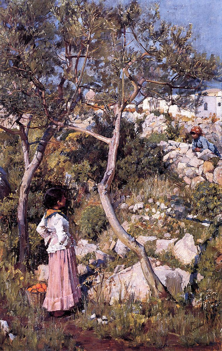 waterhouse_art's tweet image. Two Little Italian Girls by a Village #artbots #waterhouse