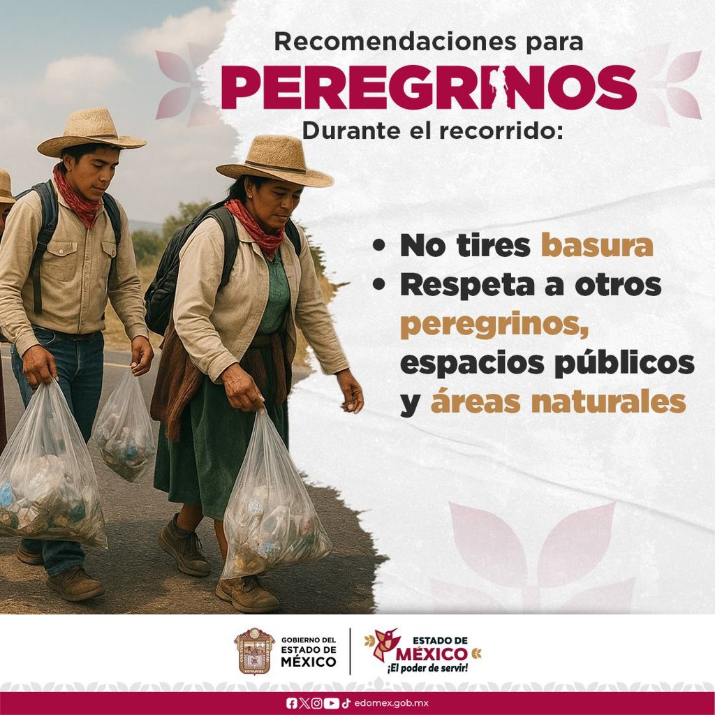 #RecomendacionesParaPeregrinos

Durante el recorrido, cuida el entorno y a quienes te acompañan. 

No tires basura🚯, respeta a otros peregrinos🤝 , espacios públicos y áreas naturales 🌳. 

#ElPoderDeServir