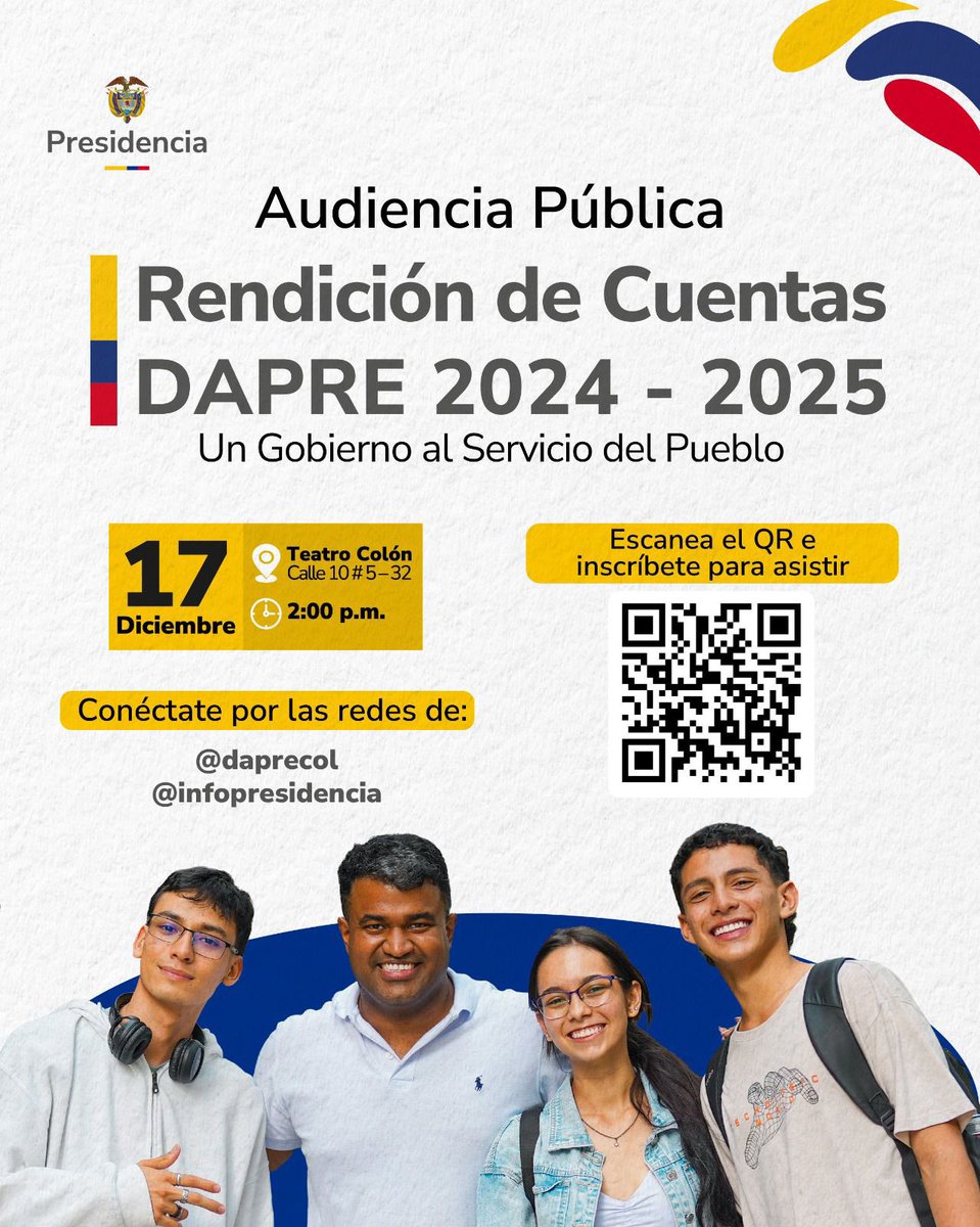 📣 ¡Te invitamos a la Audiencia Pública de Rendición de Cuentas del DAPRE 2024 – 2025!

Este 17 de diciembre nos encontraremos en el Teatro Colón para compartir con el país los avances, resultados y retos de un Gobierno al servicio del pueblo.

Tu participación es fundamental