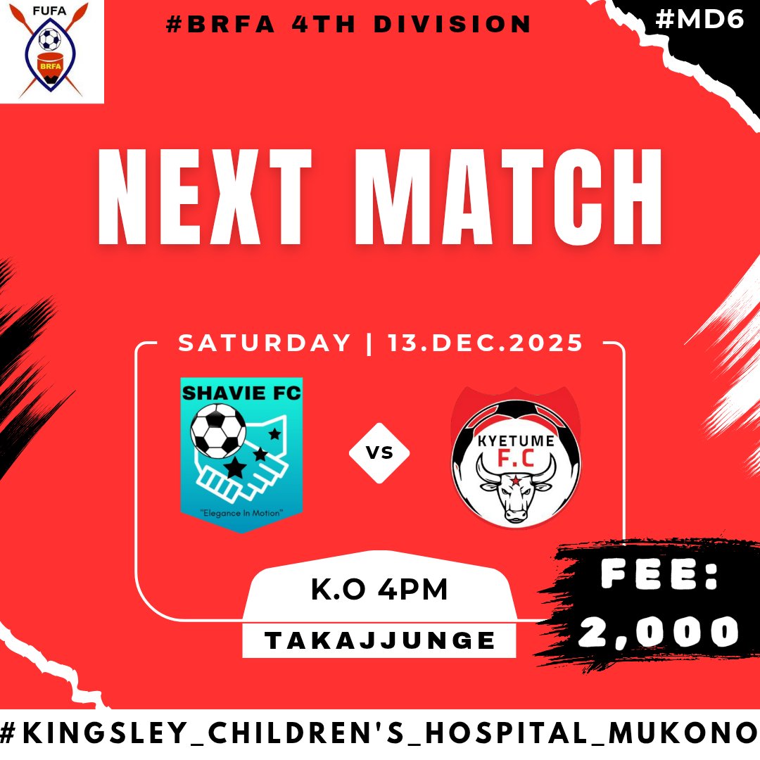 ShavieFC's tweet photo. #SHAVIE_NATION
This Saturday we welcome "The Slaughters" to our Backyard.
🏆 @BugandaRFA 4th Division
🆚 @kyetumeFc 
📅 13th December, 2025
🏟️ Takajjunge
⏰ 4PM(EAT)
#ShavieFC
#ShavieYeYaffe
#ShavieWewaawo
#KingsleyChildrensHospitalMukono https://t.co/yFR35jTxmV