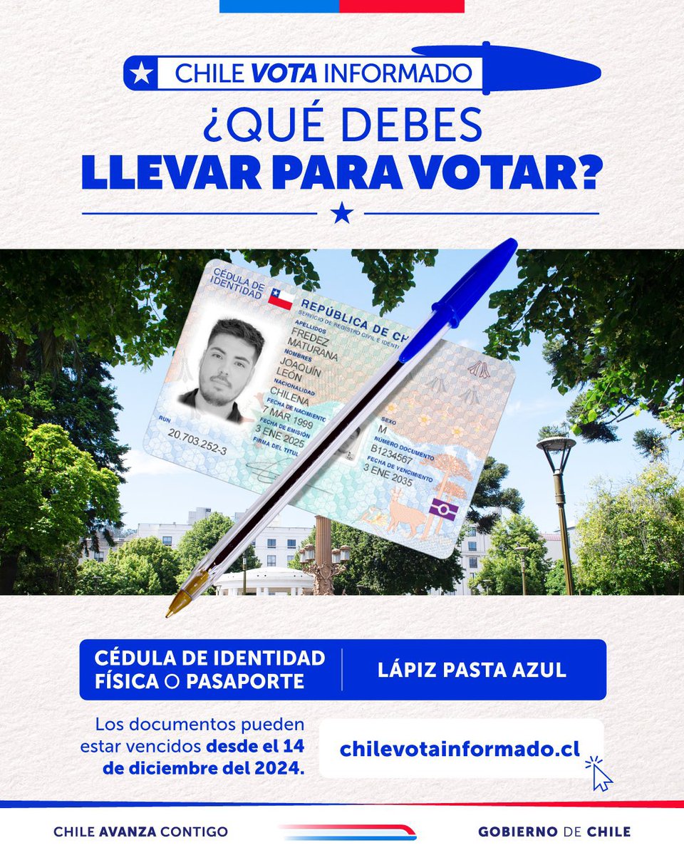 🗳️ Para las elecciones de este domingo recuerda: para votar necesitas tu cédula o pasaporte en formato físico.
Imágenes, trámites en curso o documentos digitales no son válidos. #ChileVotaInformado