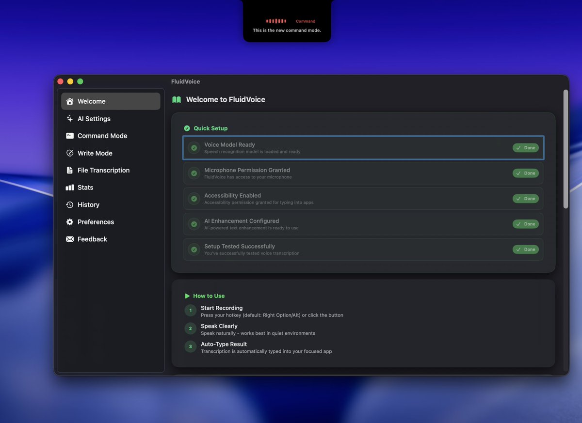 macOS의 내장 음성 입력 받아쓰기 기능은 인식 정확도가 낮고 AI 최적화를 지원하지 않아 항상 다소 부족한 느낌이 듭니다.
최근 GitHub에서 오픈 소스 음성-텍스트 변환 도구인 FluidVoice를 발견했